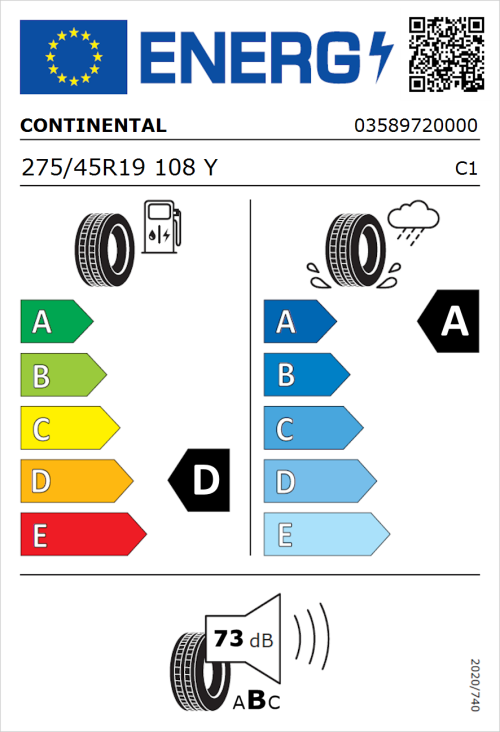 Tyre Label for Continental Conti4x4SportContact 275/45R19 108Y